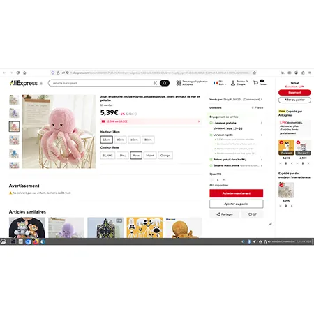 Jucărie moale, roz și albă, &icirc;n formă de caracatiță, cu o ventuză atașată la partea superioară a capului printr-un cablu. Produs v&acirc;ndut online, &icirc;n special prin intermediul AliExpress (identificator unic de produs: 1005009057125412).