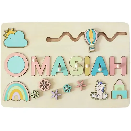 Jucărie de activitate din lemn cu o gamă largă de activități: puzzle (forme și litere), roți pentru rotire și balon cu aer cald pentru alunecare. Produs v&acirc;ndut online, &icirc;n special prin intermediul www.es-jeux-montessori.com.