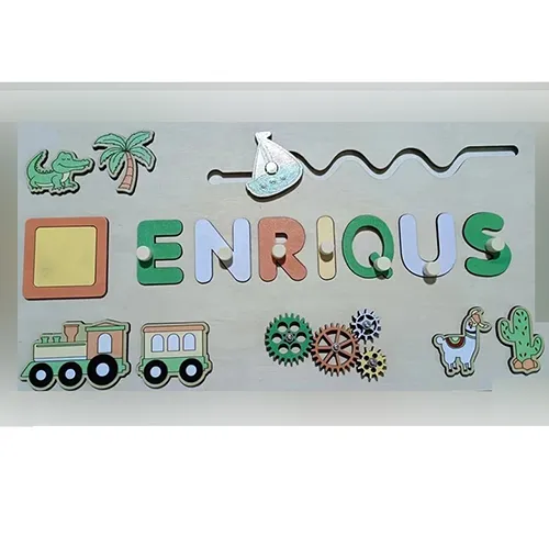 Jucărie de activitate din lemn cu o gamă largă de activități: puzzle (forme și litere), roți pentru rotire și balon cu aer cald pentru alunecare. Produs v&acirc;ndut online, &icirc;n special prin intermediul www.es-jeux-montessori.com.