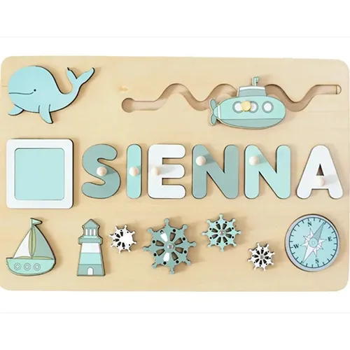 Jucărie de activitate din lemn cu o gamă largă de activități: puzzle (forme și litere), roți pentru rotire și balon cu aer cald pentru alunecare. Produs v&acirc;ndut online, &icirc;n special prin intermediul www.es-jeux-montessori.com.