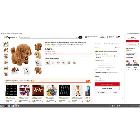 Jucărie moale, cu baterie, de culoare bej, &icirc;n formă de c&acirc;ine, cu piese &icirc;n mișcare și funcții sonore. Produs v&acirc;ndut online, &icirc;n special prin intermediul AliExpress.