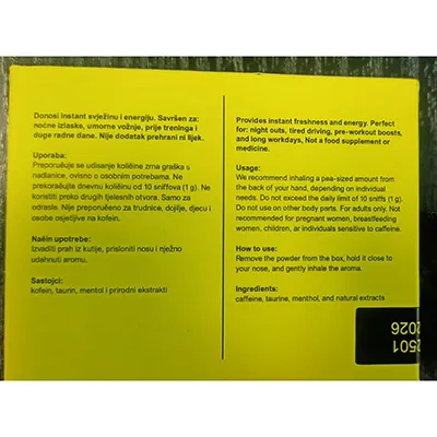 Pulbere albă energizantă, inhalată pe nas, 1 g. Produs vândut online, în special prin intermediul sniffit.life.