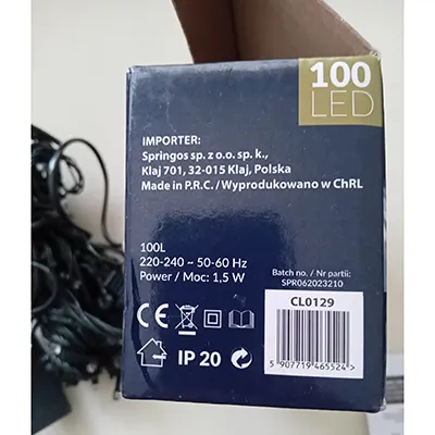Lanț de iluminat cu LED-uri de tip Garland cu 100 de lămpi ne&icirc;nlocuibile, tensiune nominală de 220 - 240 V și putere nominală de 1,5 W. Produs v&acirc;ndut online, &icirc;n special prin intermediul www.pigubeakcijos.lt.