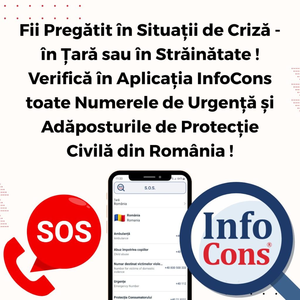 Fii Pregătit în Situații de Criză - în Țară sau în Străinătate ! Verifică în Aplicația InfoCons toate Numerele de Urgență și Adăposturile de Protecție Civilă din România !