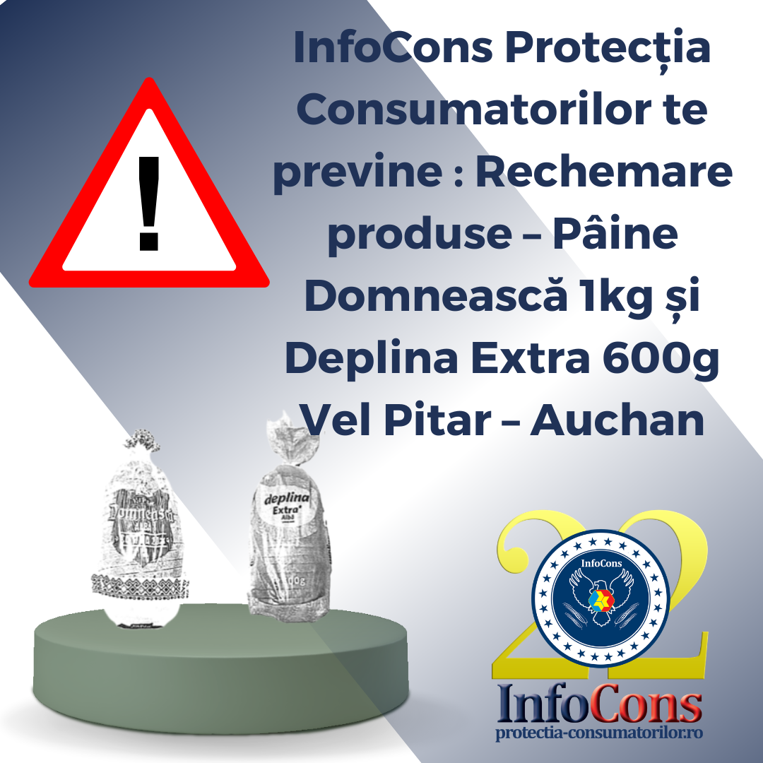 InfoCons Protecția Consumatorilor te previne : Rechemare produse &ndash; P&acirc;ine Domnească 1kg și Deplina Extra 600g Vel Pitar &ndash; Auchan