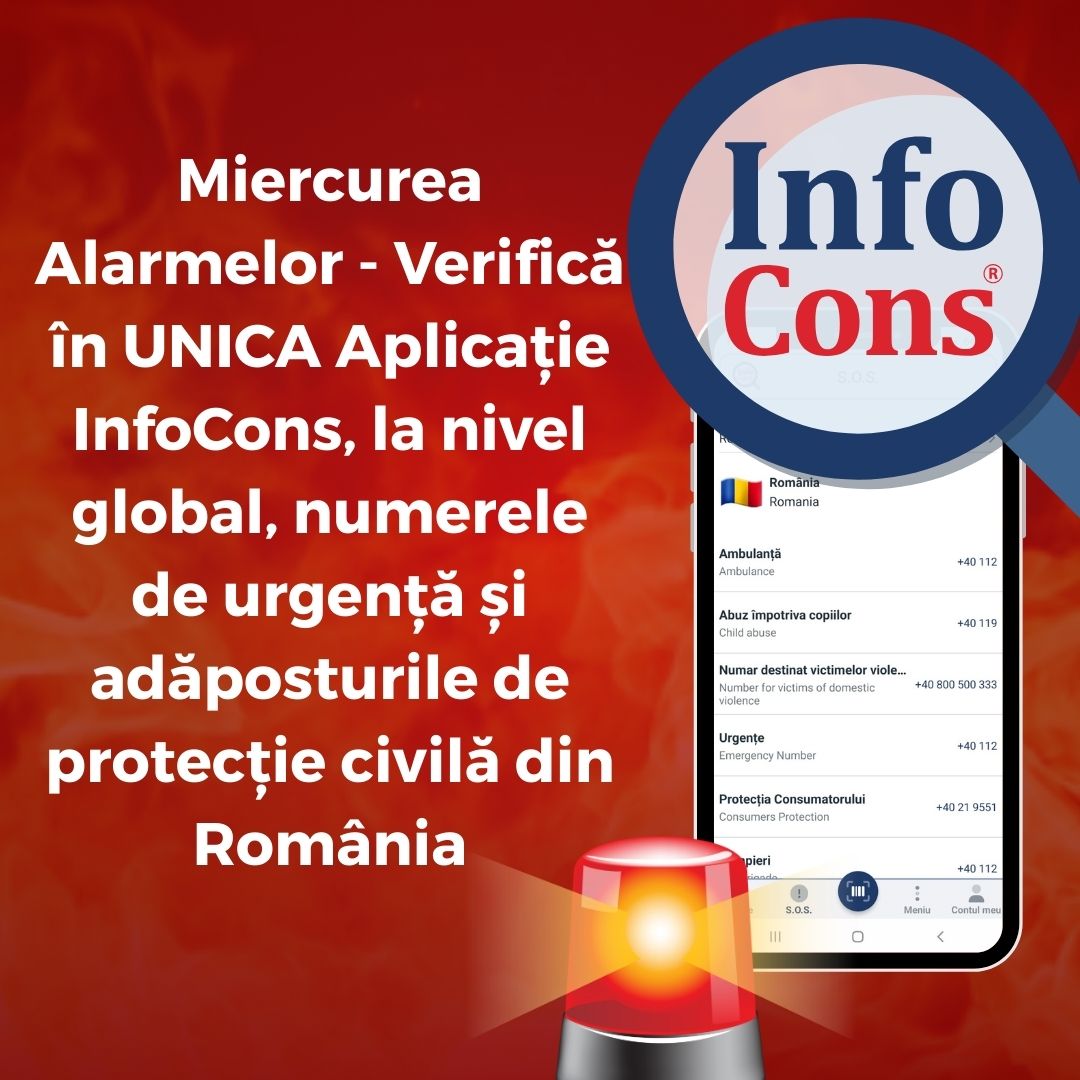 Miercurea Alarmelor - Verifică în UNICA Aplicație InfoCons, la nivel global, numerele de urgență și adăposturile de protecție civilă din România