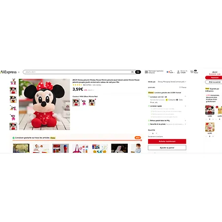 Jucărie moale &icirc;n formă de personaj Minnie Mouse cu o ventuză. Produs v&acirc;ndut online, &icirc;n special prin intermediul AliExpress (identificator unic: 1005004504058340)