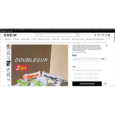 Set de două pistoale de jucărie din plastic de culoare albă și portocalie, de diferite dimensiuni. Fiecare pistol poate trage proiectile de spumă (cu un vârf de aspirație) și gloanțe din plastic moale. Produs vândut online, în special prin intermediul Shein (identificator unic: sl25030790972879200)