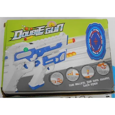 Set de două pistoale de jucărie din plastic de culoare albă și portocalie, de diferite dimensiuni. Fiecare pistol poate trage proiectile de spumă (cu un vârf de aspirație) și gloanțe din plastic moale. Produs vândut online, în special prin intermediul Shein (identificator unic: sl25030790972879200)