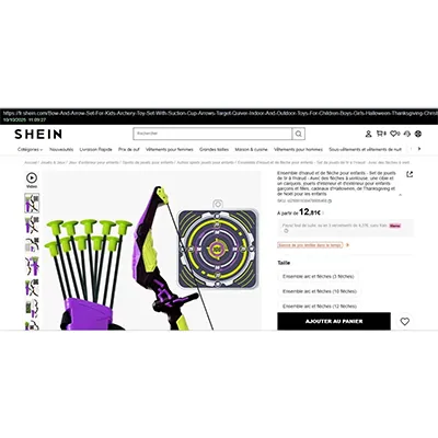 Arc negru, verde și violet cu trei săgeți mici și o țintă. Produs vândut online, în special prin intermediul SHEIN (identificator unic de produs: sl25091638478606468)
