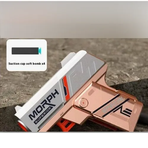 Pistol de plastic cu patru gloanțe de spumă cu vârf de aspirație. Produs vândut online, în special prin intermediul Shein (identificator unic de produs: sl25080354522885856).