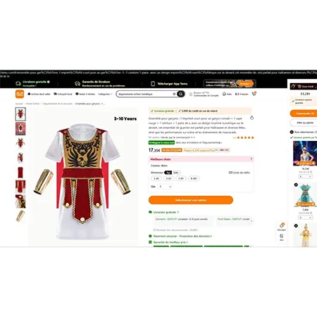 Costum de rochie fantezie, reprezentând un costum roman, destinat copiilor, care cuprinde o tunică și o cască. Produs vândut online, în special prin intermediul Temu (identificator unic: 601100924994658).