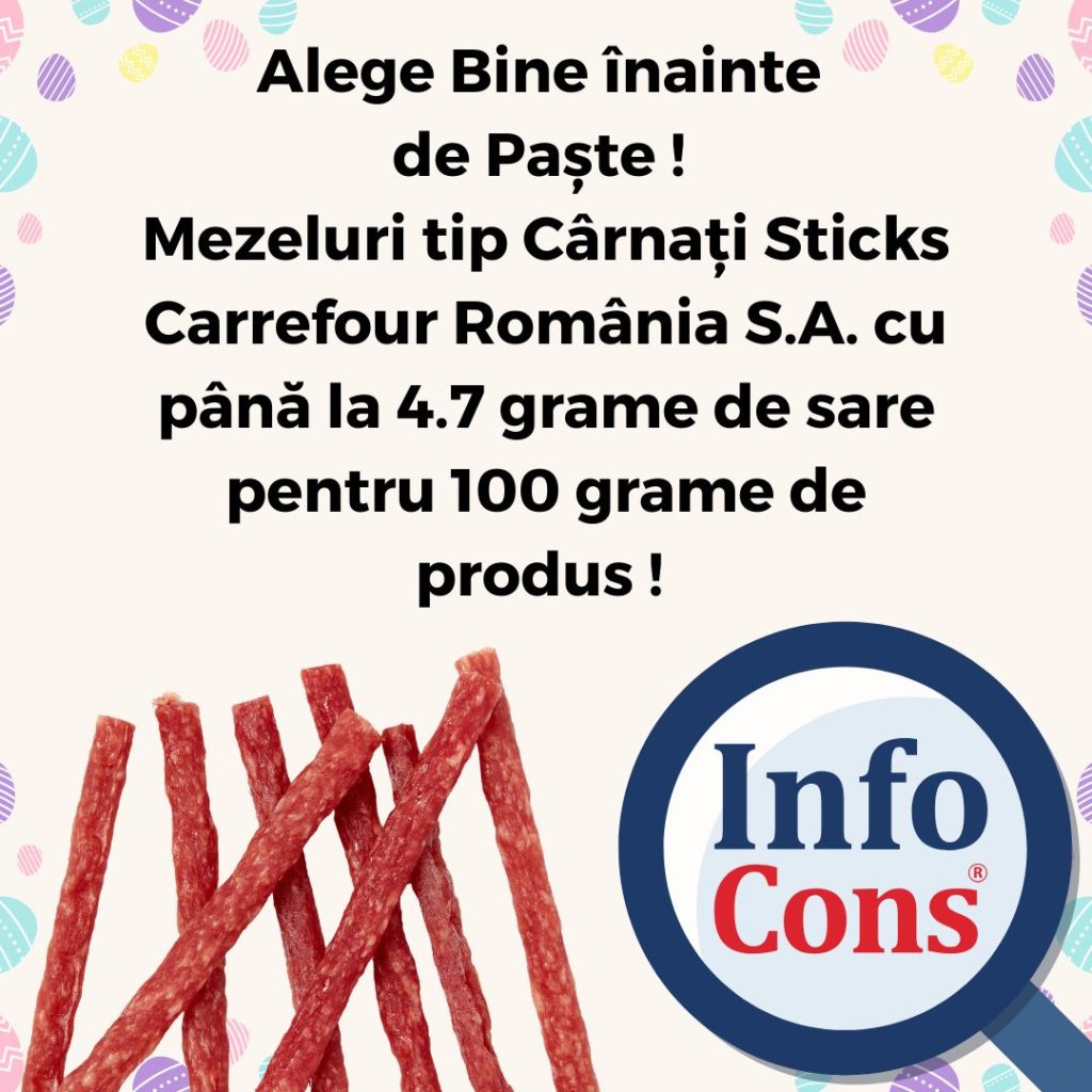 Alege Bine înainte de Paște ! Mezeluri tip Cârnați Sticks Carrefour România S.A. cu până la 4.7 grame de sare pentru 100 grame de produs ! 