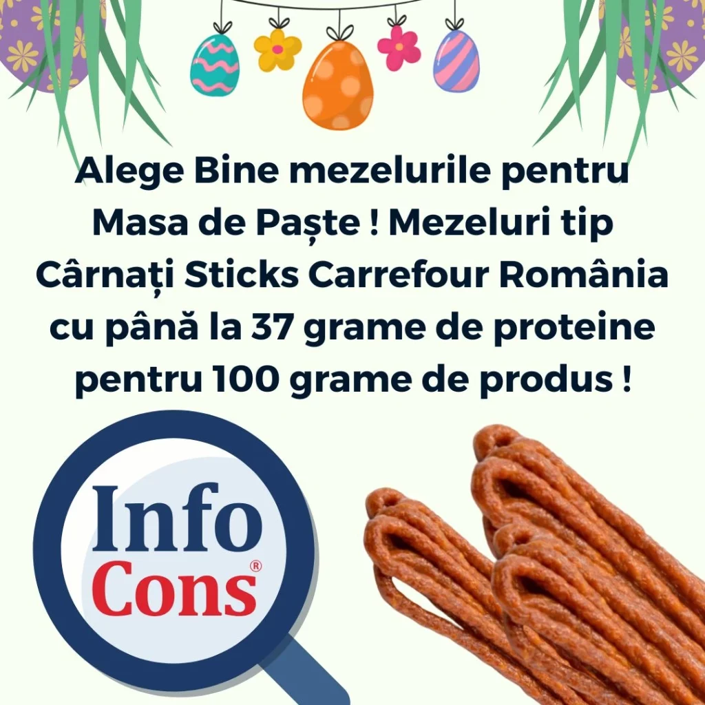 Alege Bine mezelurile pentru Masa de Paște ! Mezeluri tip C&acirc;rnați Sticks Carrefour Rom&acirc;nia cu p&acirc;nă la 37 grame de proteine pentru 100 grame de produs !