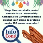 Alege Bine mezelurile pentru Masa de Paște ! Mezeluri tip Cârnați Sticks Carrefour România cu până la 37 grame de proteine pentru 100 grame de produs !