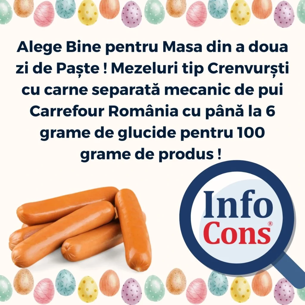 Alege Bine pentru Masa din a doua zi de Paște ! Mezeluri tip Crenvurști cu carne separată mecanic de pui Carrefour Rom&acirc;nia cu p&acirc;nă la 6 grame de glucide pentru 100 grame de produs !