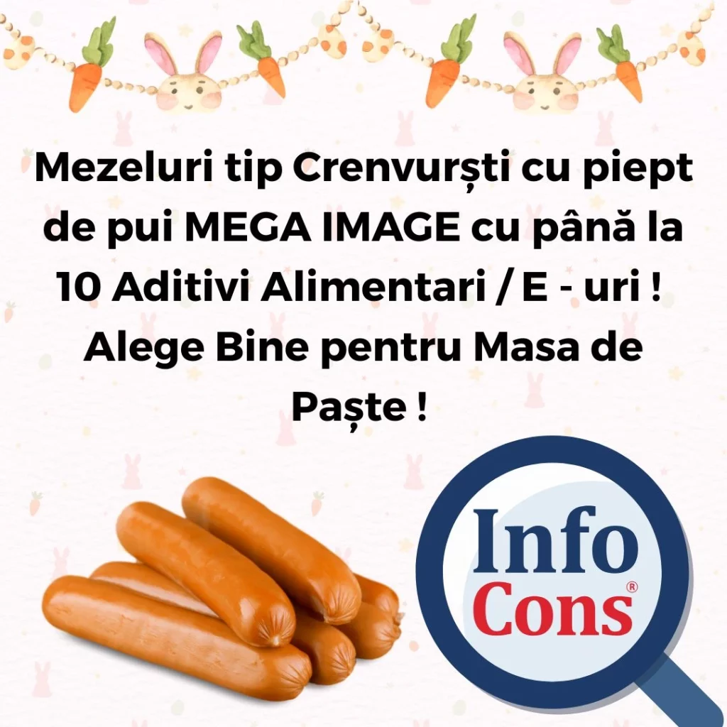 Mezeluri tip Crenvurști cu piept de pui MEGA IMAGE cu p&acirc;nă la 10 Aditivi Alimentari / E - uri&nbsp;! Alege Bine pentru Masa de Paște !&nbsp;