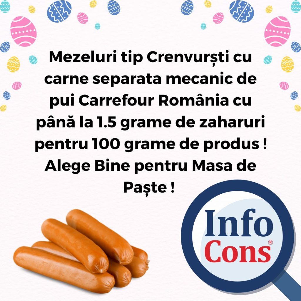 Mezeluri tip Crenvurști cu carne separata mecanic de pui Carrefour Rom&acirc;nia cu p&acirc;nă la 1.5 grame de zaharuri pentru 100 grame de produs ! Alege Bine pentru Masa de Paște !