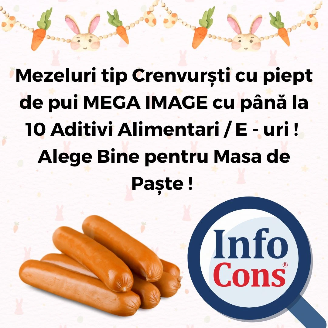 Mezeluri tip Crenvurști cu piept de pui MEGA IMAGE cu până la 10 Aditivi Alimentari / E - uri ! Alege Bine pentru Masa de Paște ! 