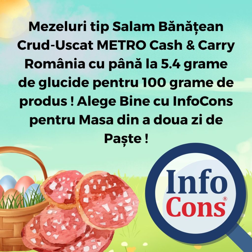 Mezeluri tip Salam Bănățean Crud-Uscat METRO Cash & Carry Rom&acirc;nia cu p&acirc;nă la 5.4 grame de glucide pentru 100 grame de produs ! Alege Bine cu InfoCons pentru Masa din a doua zi de Paște !