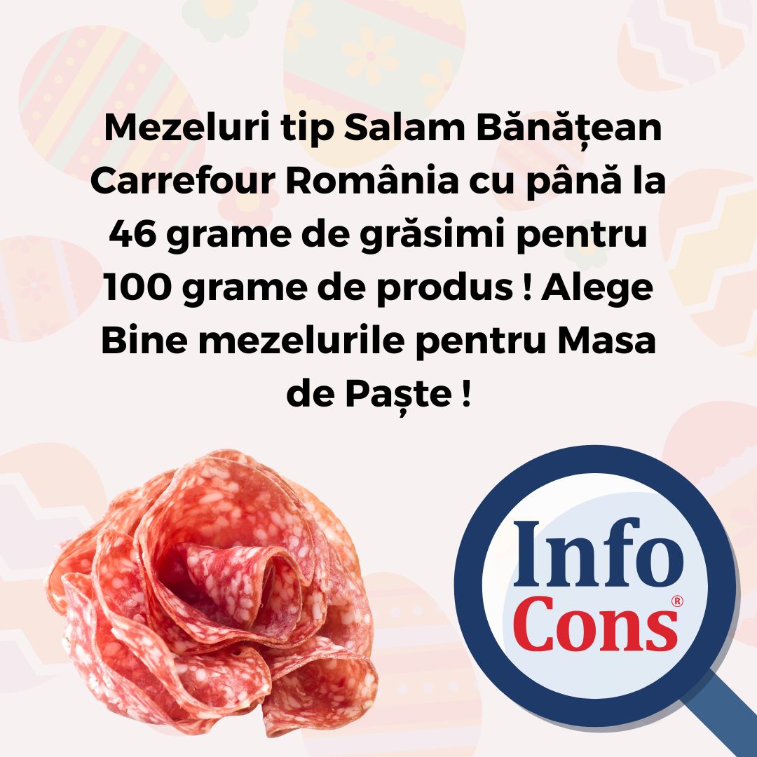  Mezeluri tip Salam Bănățean Carrefour România cu până la 46 grame de grăsimi pentru 100 grame de produs ! Alege Bine mezelurile pentru Masa de Paște !
