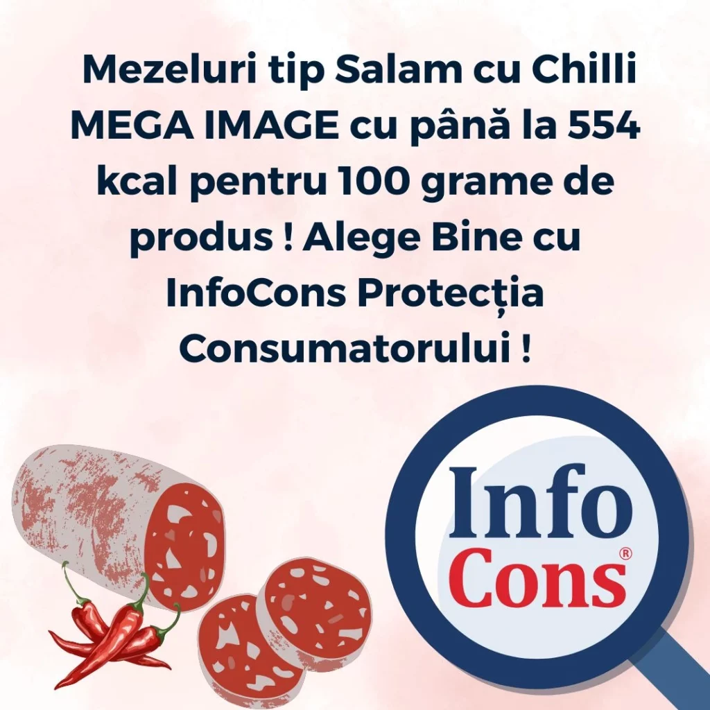 &nbsp;Mezeluri tip Salam cu Chilli MEGA IMAGE cu p&acirc;nă la 554 kcal pentru 100 grame de produs ! Alege Bine cu InfoCons Protecția Consumatorului !
