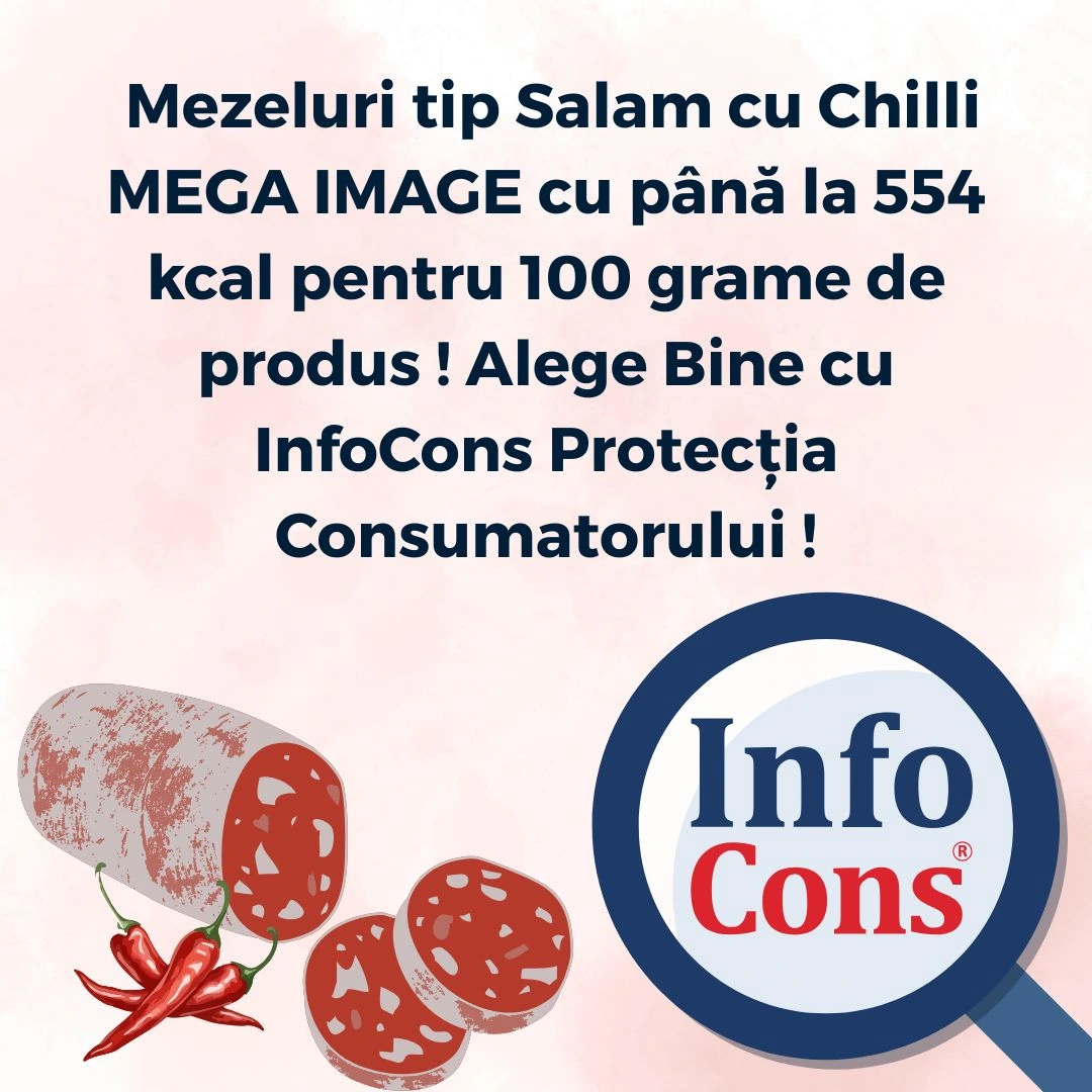 Mezeluri tip Salam cu Chilli MEGA IMAGE cu până la 554 kcal pentru 100 grame de produs ! Alege Bine cu InfoCons Protecția Consumatorului !