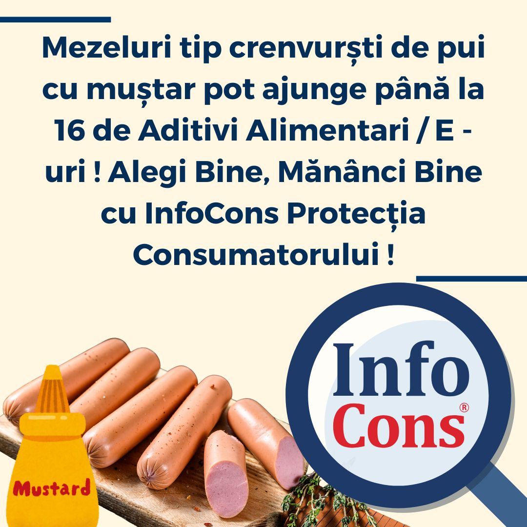 Mezeluri tip crenvurști de pui cu muștar pot ajunge până la 16 de Aditivi Alimentari / E - uri ! Alegi Bine, Mănânci Bine cu InfoCons Protecția Consumatorului !