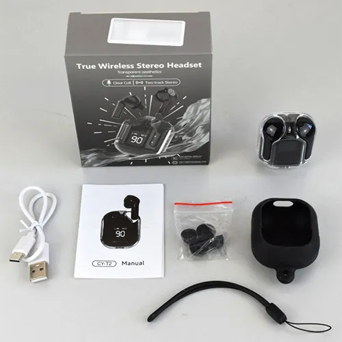 Căști fără fir negre cu carcasă de încărcare. Produs vândut online, în special prin intermediul www.magicsystem.hu