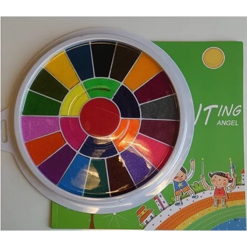 Palet pentru vopsirea degetelor, care conține un disc din plastic cu secțiuni de burete îmbibat și o carte de colorat. Produs vândut online, în special prin intermediul Amazon (ASIN B0CLZWCPXQ).