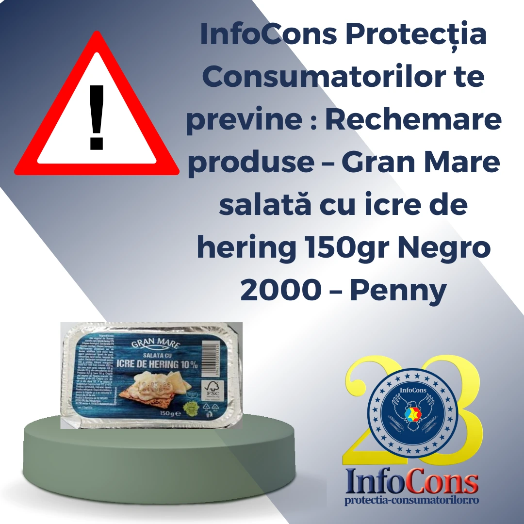 InfoCons Protecția Consumatorilor te previne : Rechemare produse &ndash; Gran Mare salată cu icre de hering 150gr Negro 2000 &ndash; Penny