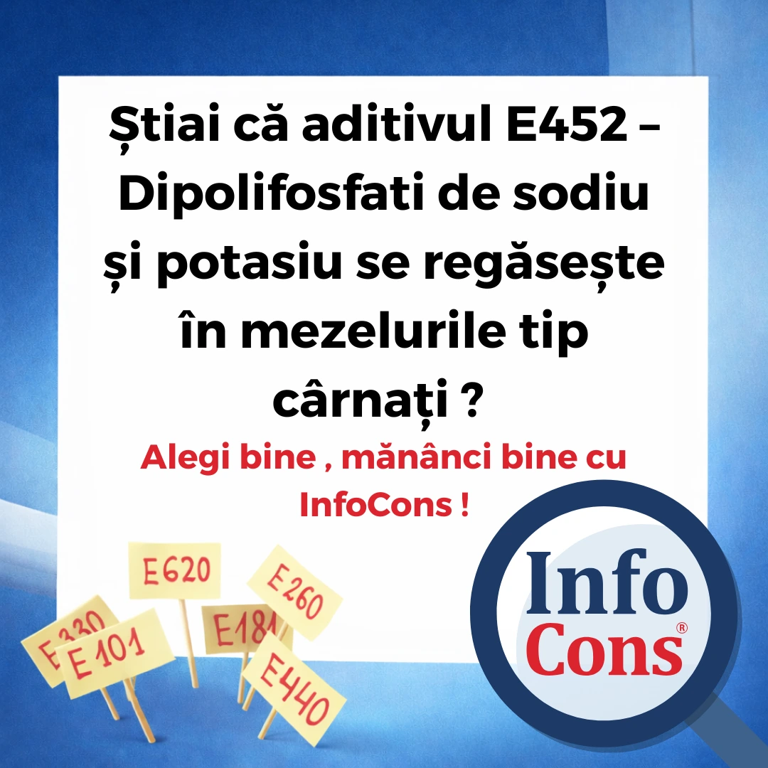 Știai că aditivul E452 &ndash; Dipolifosfati de sodiu și potasiu se regăsește &icirc;n mezelurile tip c&acirc;rnați ? Alegi bine , măn&acirc;nci bine cu InfoCons !