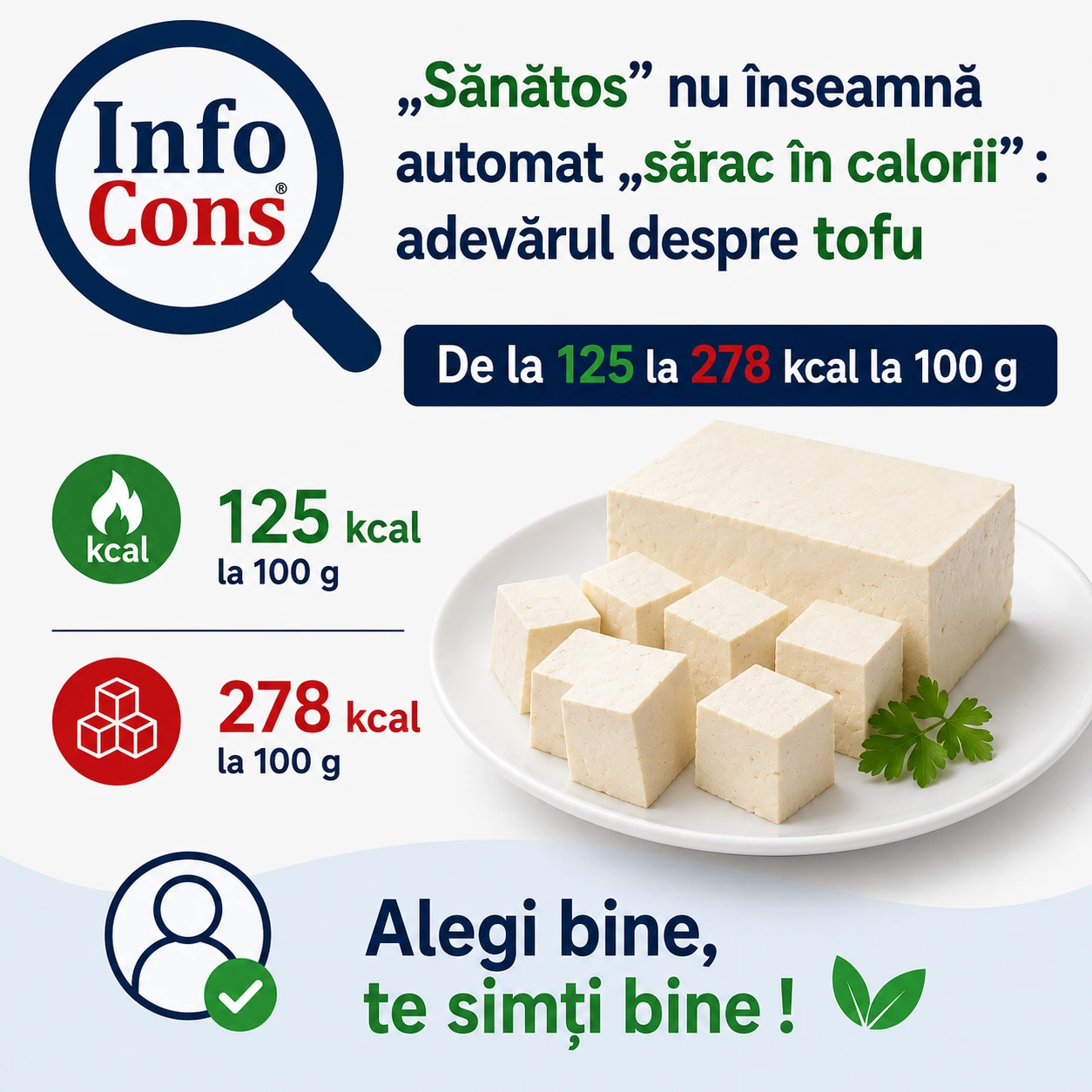 &bdquo; Sănătos &rdquo; nu &icirc;nseamnă automat &bdquo;sărac &icirc;n calorii&rdquo; : adevărul despre tofu &ndash; De la 125 la 278 kcal la 100 g &ndash; Alegi bine , te simți bine !