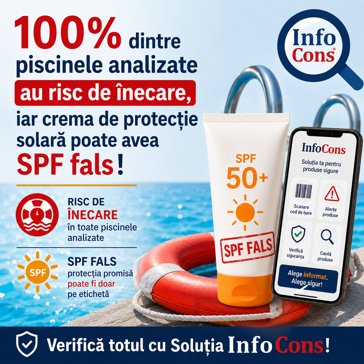 100% dintre piscinele analizate au risc de &icirc;necare, iar crema de protecție solară poate avea SPF fals ! Verifică totul cu Soluția InfoCons