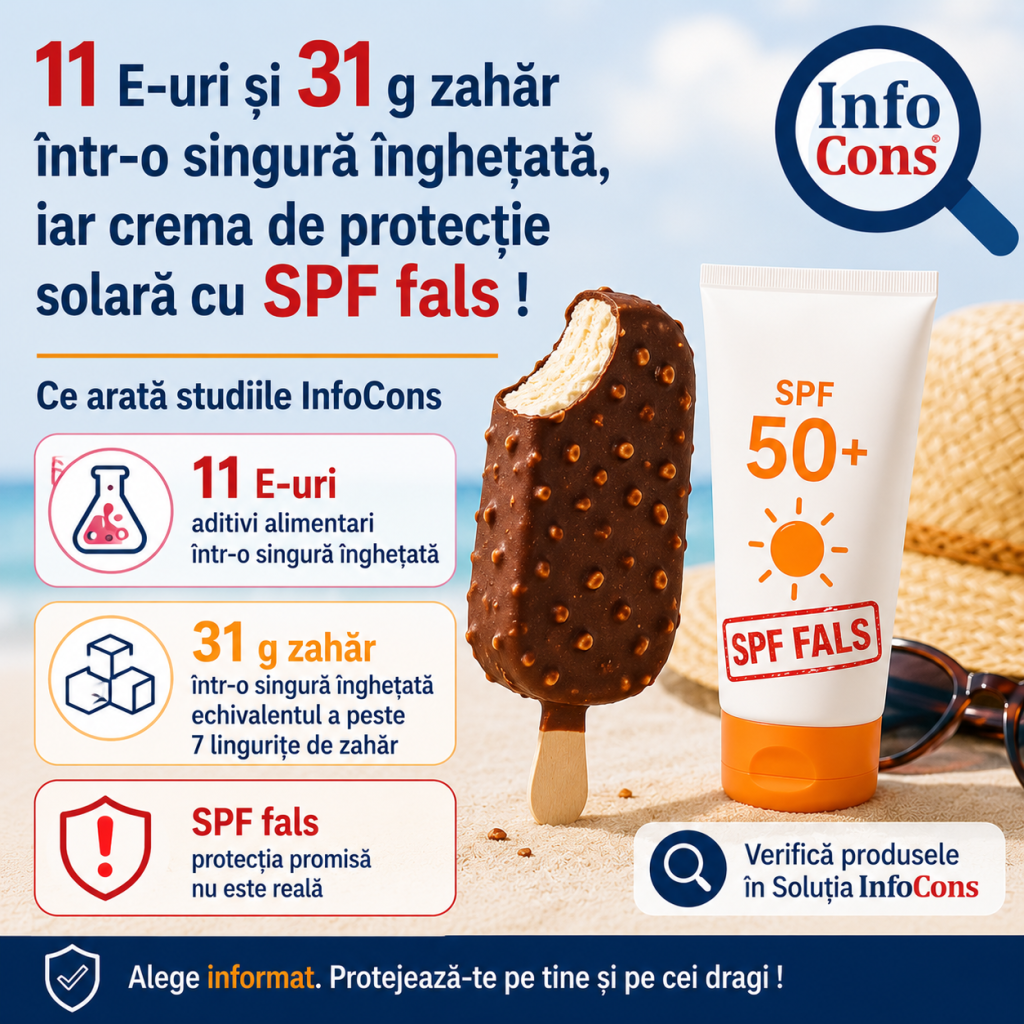 11 E-uri și 31 g zahăr într-o singură înghețată, iar crema de protecție solară cu SPF fals ! Ce arată studiile InfoCons