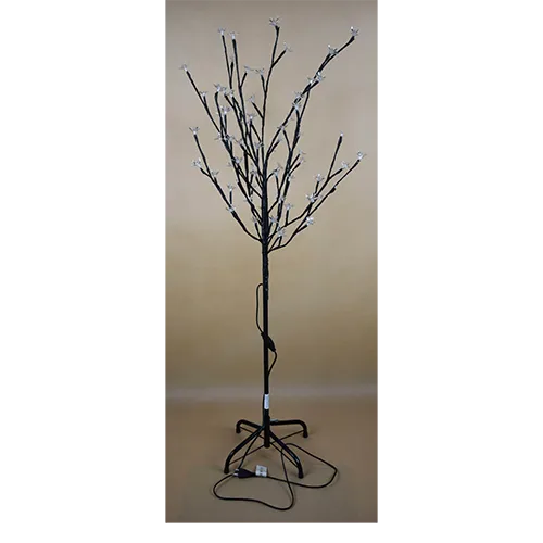 Arbore de iluminat decorativ cu lumini LED și abajururi albe în formă de flori, montate pe un suport metalic negru.