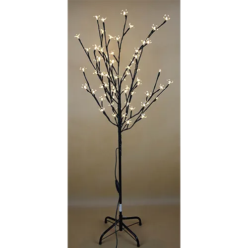 Arbore de iluminat decorativ cu lumini LED și abajururi albe în formă de flori, montate pe un suport metalic negru.