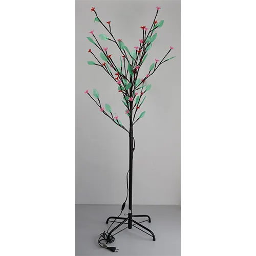 Arbore artificial decorativ cu 135 de LED-uri, abajururi roșii &icirc;n formă de flori și frunze verzi, montate pe un suport din metal negru.