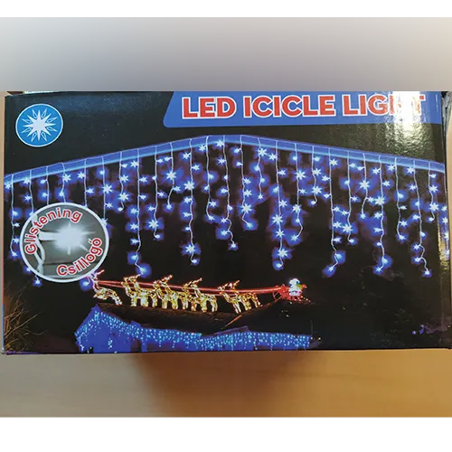 Șir de lumină decorativ în stil Icicle cu 500 de LED-uri multicolore, cablaj izolat alb și un conector end-to-end pentru conexiune de serie extensibilă.