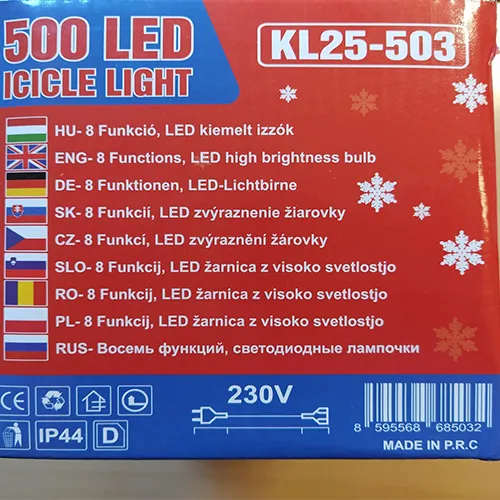 Șir de lumină decorativ în stil Icicle cu 500 de LED-uri multicolore, cablaj izolat alb și un conector end-to-end pentru conexiune de serie extensibilă.