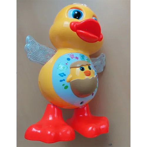 Jucărie de plastic acționată de baterie &icirc;n formă de rață. Jucăria dansează, emite muzică și se aprinde cu LED-uri multicolore.