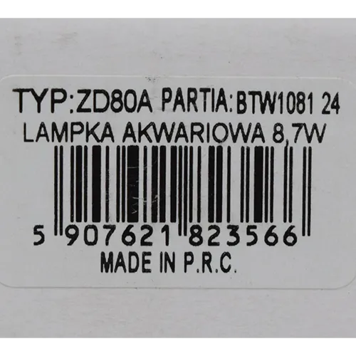 Lampă de acvariu cu LED-uri, cu o carcasă din plastic negru, curbat. Dispune de un panou cu 24 de LED-uri, un cablu de alimentare cu un comutator de control negru integrat (butonul albastru) și o mufă standard cu doi pini.