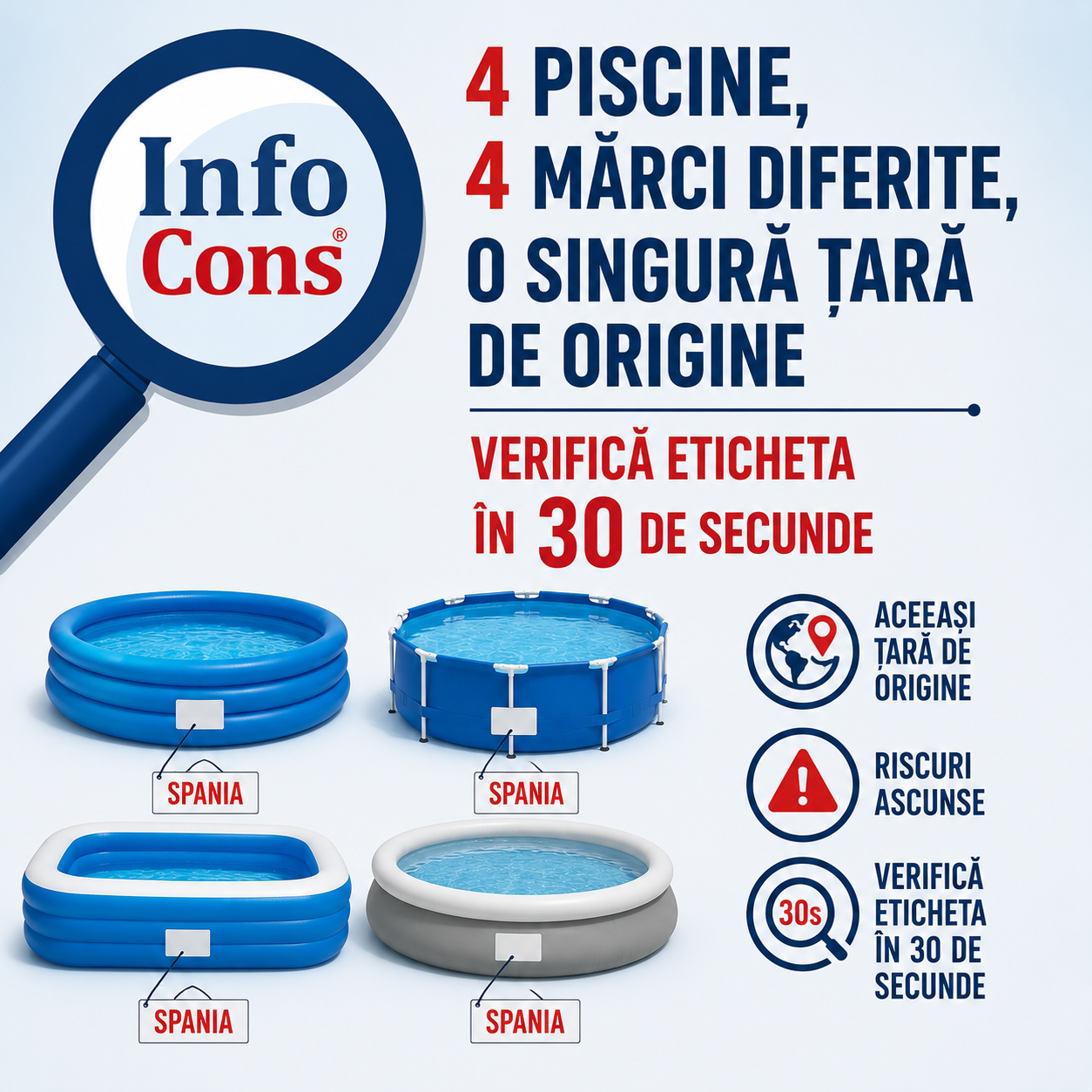 4 piscine , 4 mărci diferite, o singură țară de origine - verifică eticheta în 30 de secunde