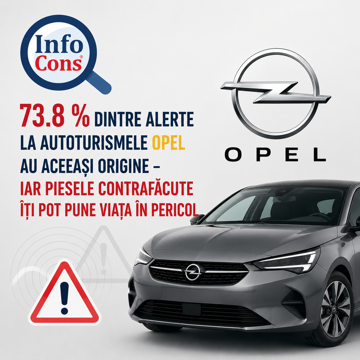 73.8 % dintre alerte la autoturismele Opel au aceeași origine – iar piesele contrafăcute îți pot pune viața în pericol