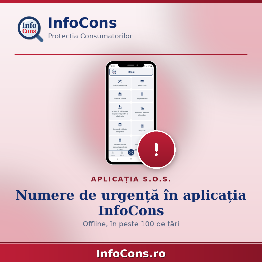 Aplicația S.O.S. numere de urgență în cadrul aplicației InfoCons, pentru peste 100 de țări