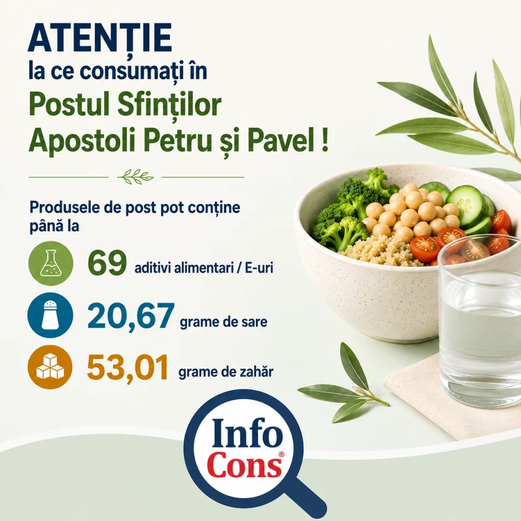 Atenție la ce consumați în Postul Sfinților Apostoli Petru și Pavel ! Produsele de post pot conține până la 69 de aditivi alimentari E-uri, 20,67 grame de sare și 53,01 grame de zahăr ! InfoCons te informează !
