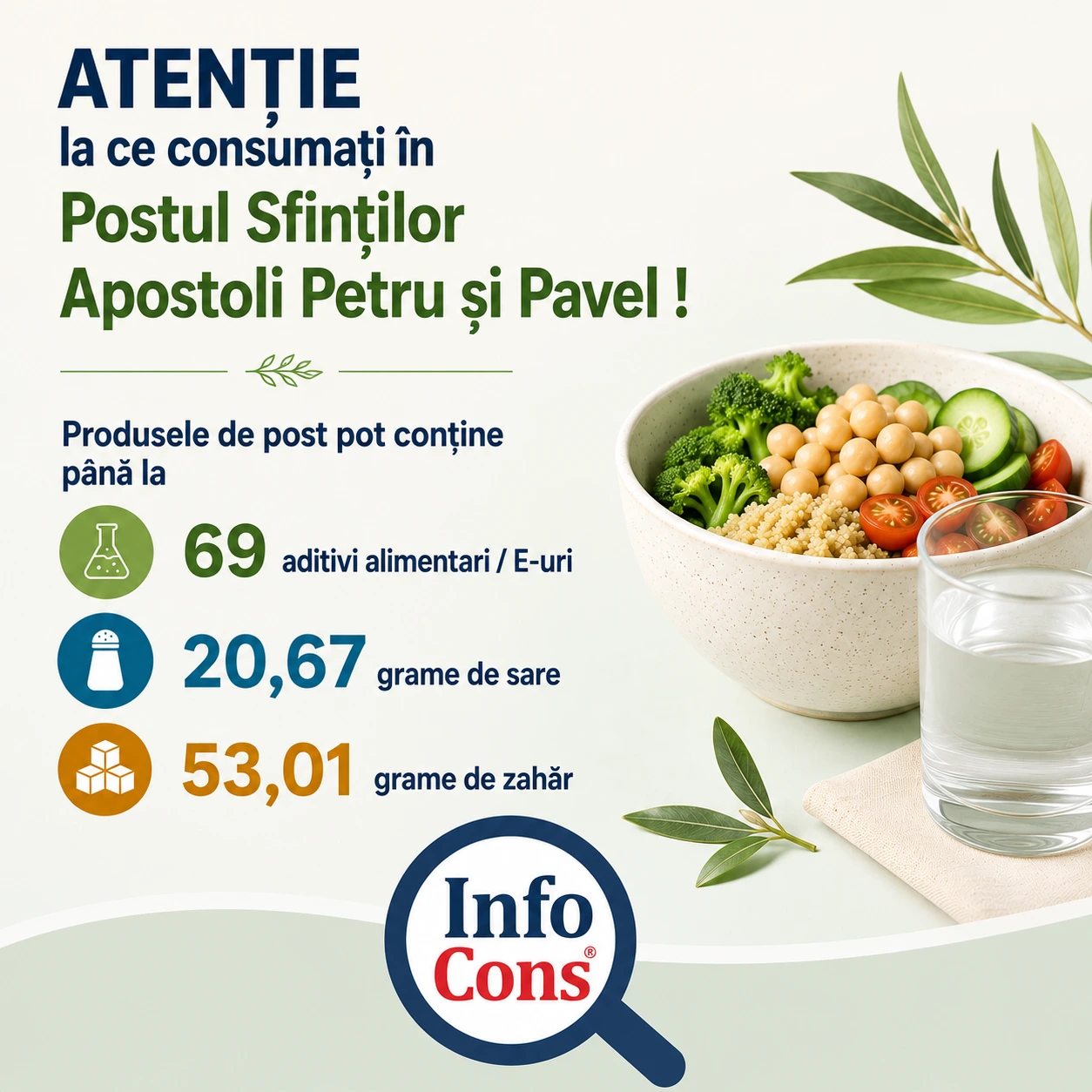 Atenție la ce consumați în Postul Sfinților Apostoli Petru și Pavel ! Produsele de post pot conține până la 69 de aditivi alimentari E-uri, 20,67 grame de sare și 53,01 grame de zahăr ! InfoCons te informează !