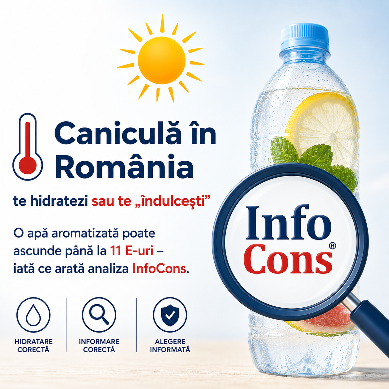Caniculă &icirc;n Rom&acirc;nia te hidratezi sau te &bdquo;&icirc;ndulcești&rdquo; ? O apă aromatizată poate ascunde p&acirc;nă la 11 E-uri &ndash; iată ce arată analiza InfoCons