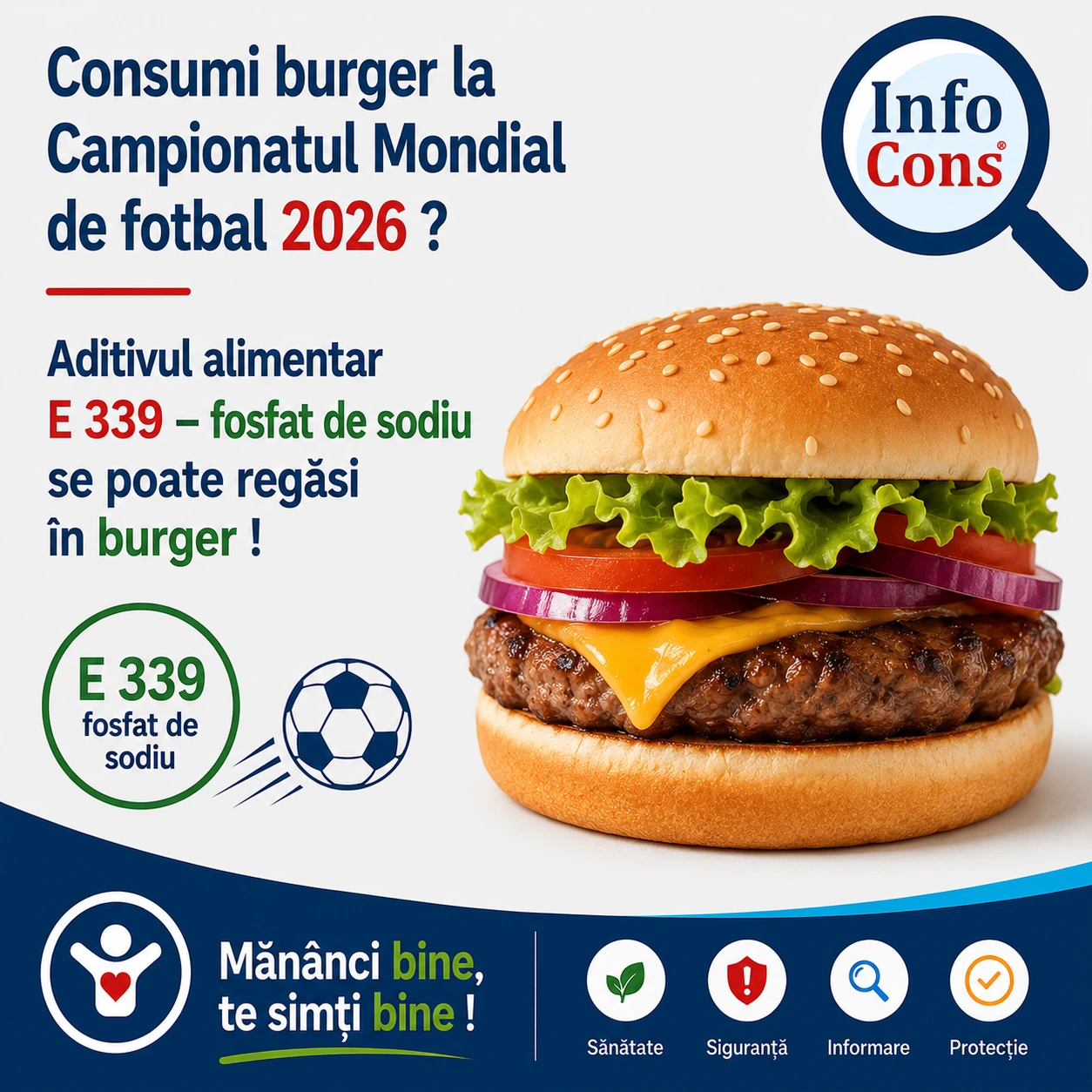 Consumi burger la Campionatul Mondial de fotbal 2026 ? Aditivul alimentar E 339 &ndash; fosfat de sodiu se poate regăsi &icirc;n burger ! Măn&acirc;nci bine, te simți bine !