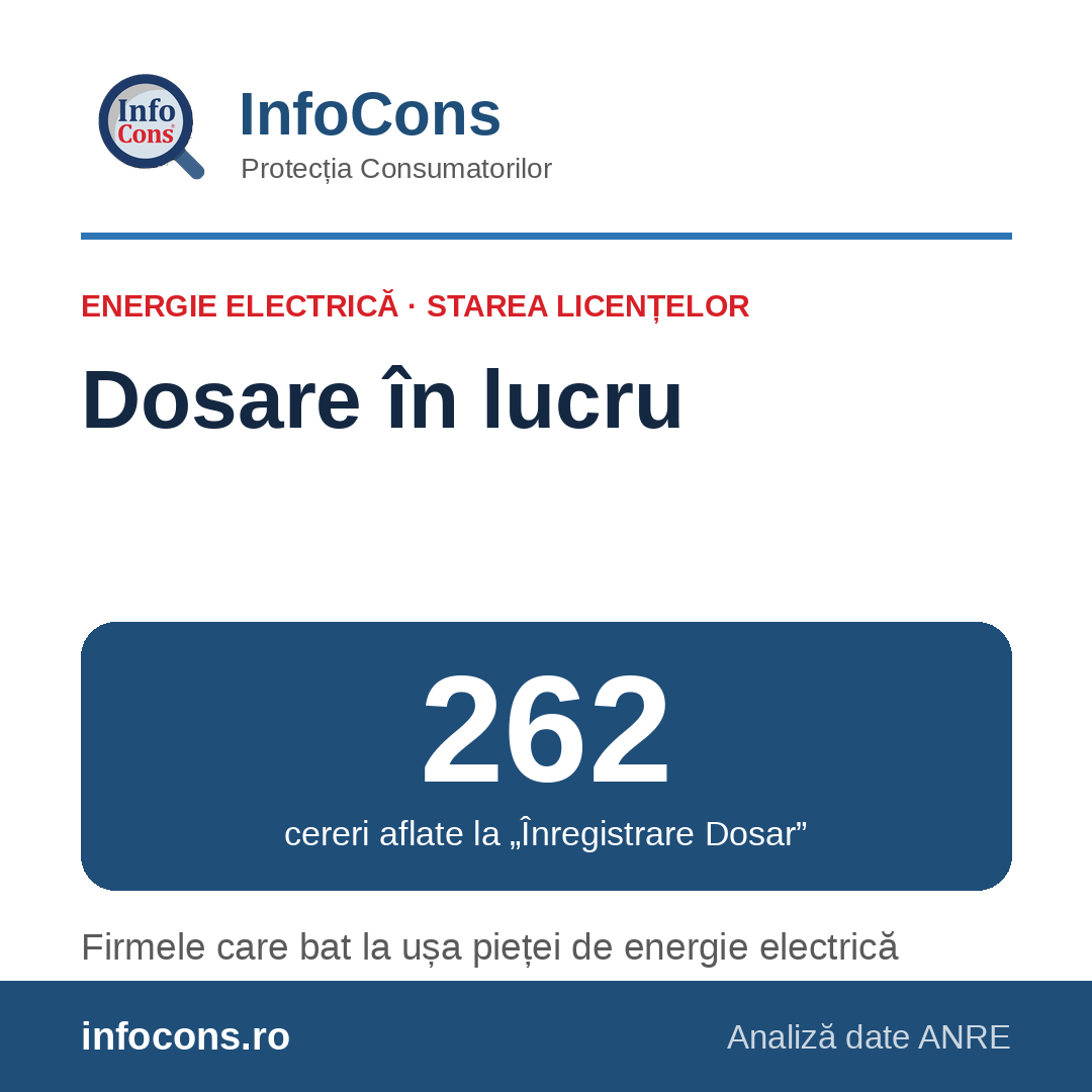 InfoCons &ndash; 262 de dosare &icirc;n curs de &icirc;nregistrare pe piața de energie electrică la ANRE